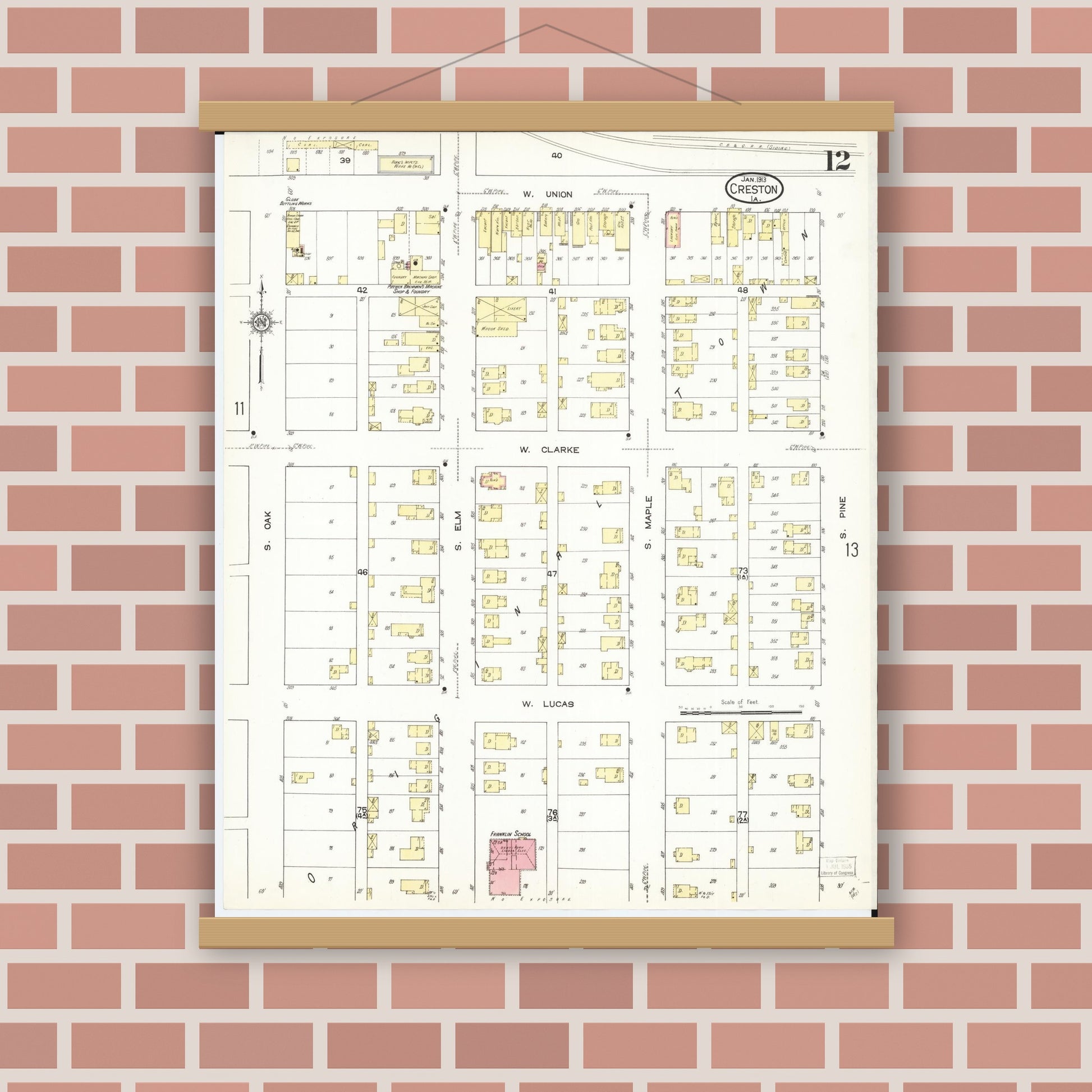 Old map wall art mockup — magnetic wood frame on brick wall — Sanborn Fire Insurance Map from Creston, Union County, Iowa (1913), Sheet #0012