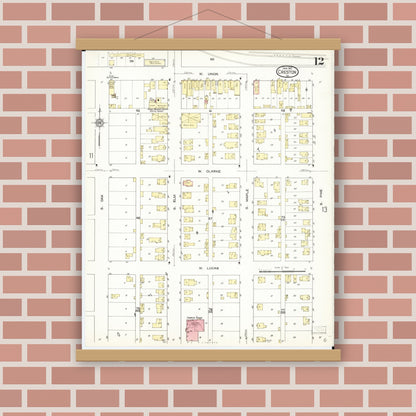 Old map wall art mockup — magnetic wood frame on brick wall — Sanborn Fire Insurance Map from Creston, Union County, Iowa (1913), Sheet #0012