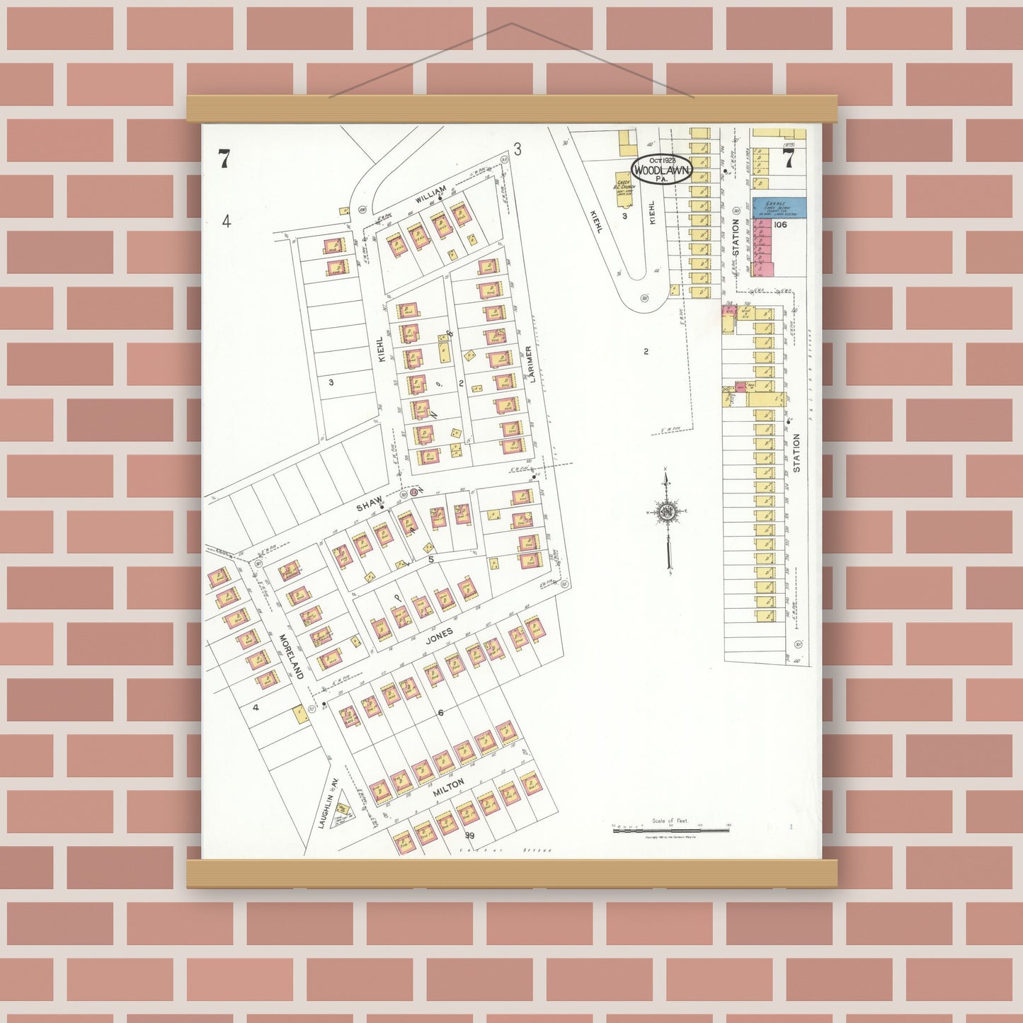 Old map wall art mockup — magnetic wood frame on brick wall — Sanborn Fire Insurance Map from Woodlawn, Beaver County, Pennsylvania (1923), Sheet #0007