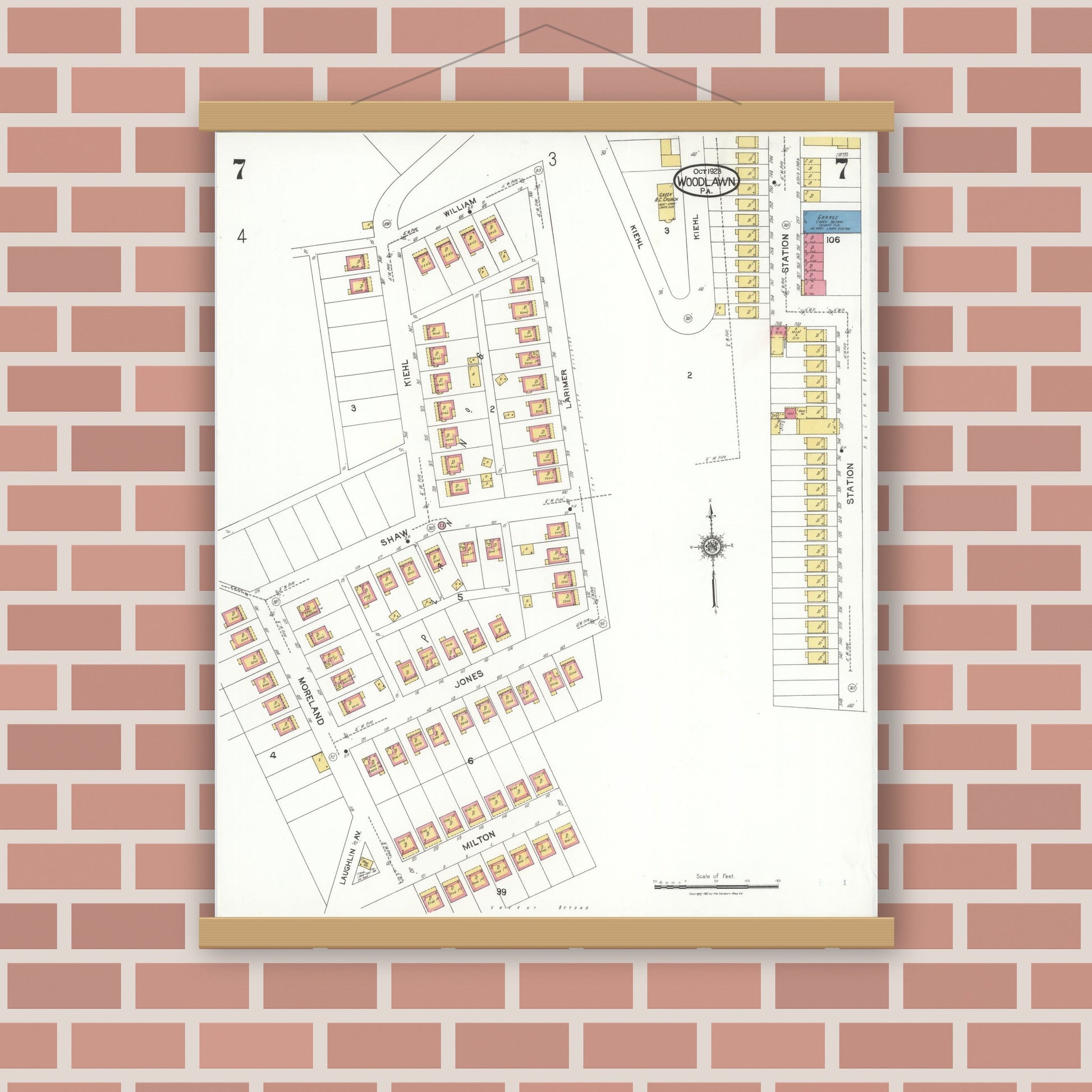 Old map wall art mockup — magnetic wood frame on brick wall — Sanborn Fire Insurance Map from Woodlawn, Beaver County, Pennsylvania (1923), Sheet #0007