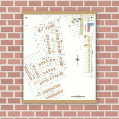 Old map wall art mockup — magnetic wood frame on brick wall — Sanborn Fire Insurance Map from Woodlawn, Beaver County, Pennsylvania (1923), Sheet #0007