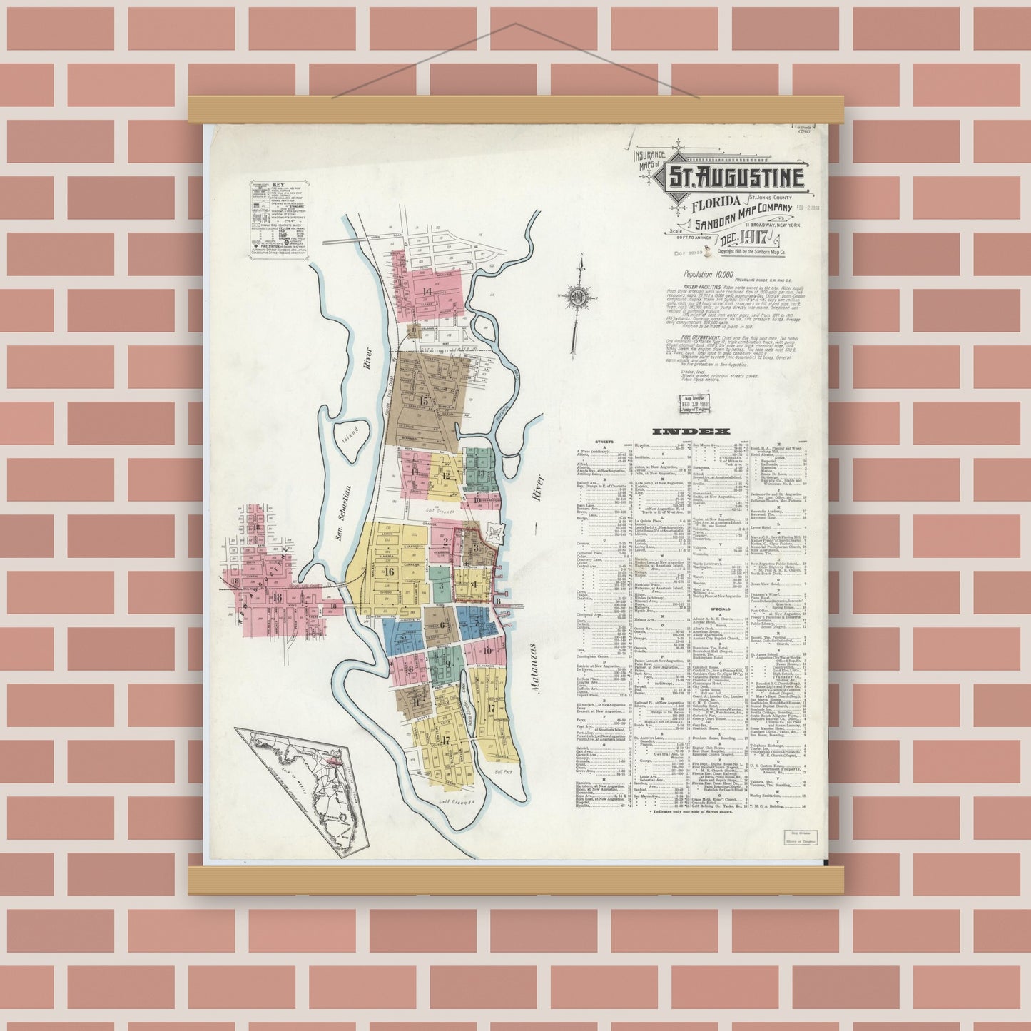 Old map wall art mockup — magnetic wood frame on brick wall — Sanborn Fire Insurance Map from Saint Augustine, Saint John's County, Florida (1917) - Complete Map Set