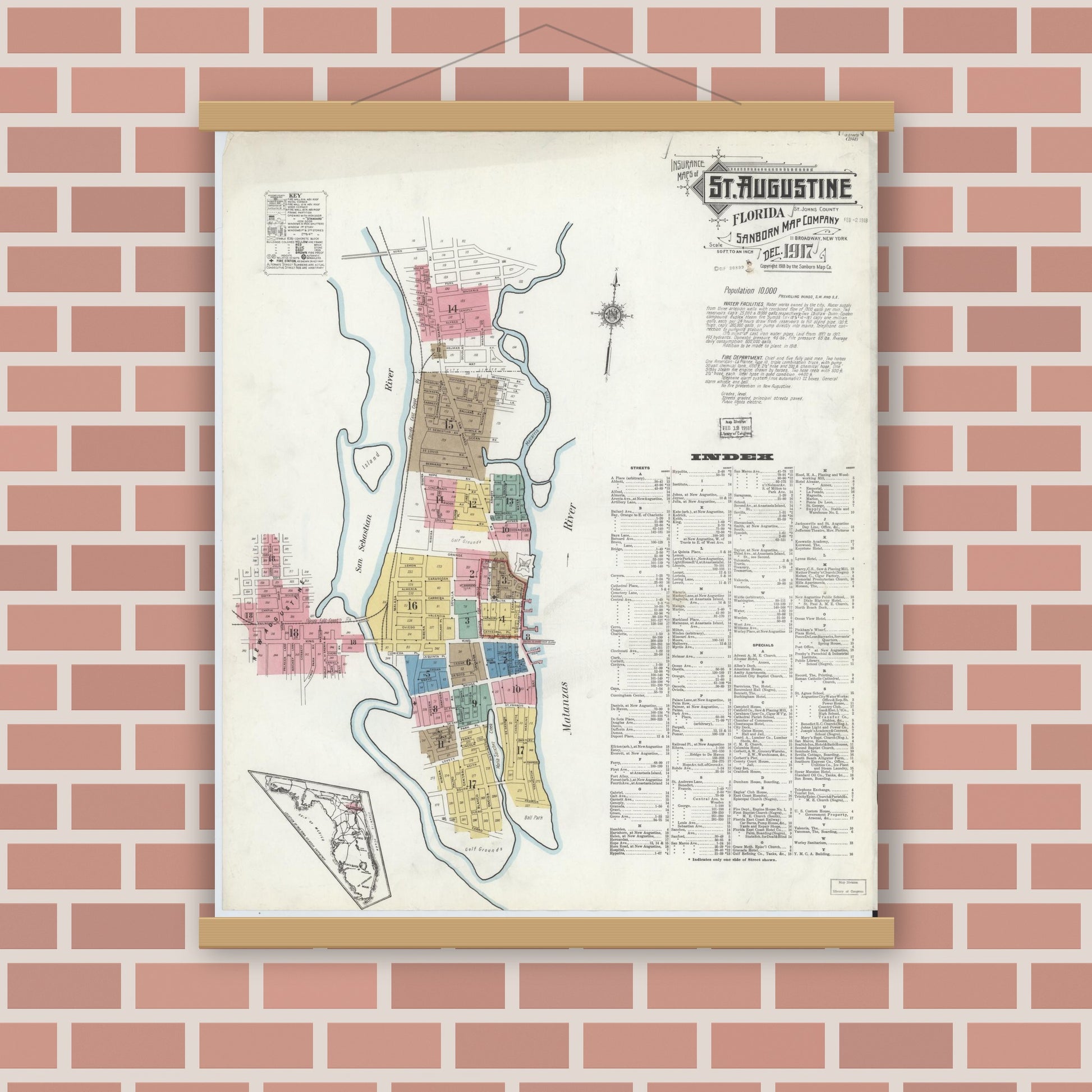 Old map wall art mockup — magnetic wood frame on brick wall — Sanborn Fire Insurance Map from Saint Augustine, Saint John's County, Florida (1917) - Complete Map Set