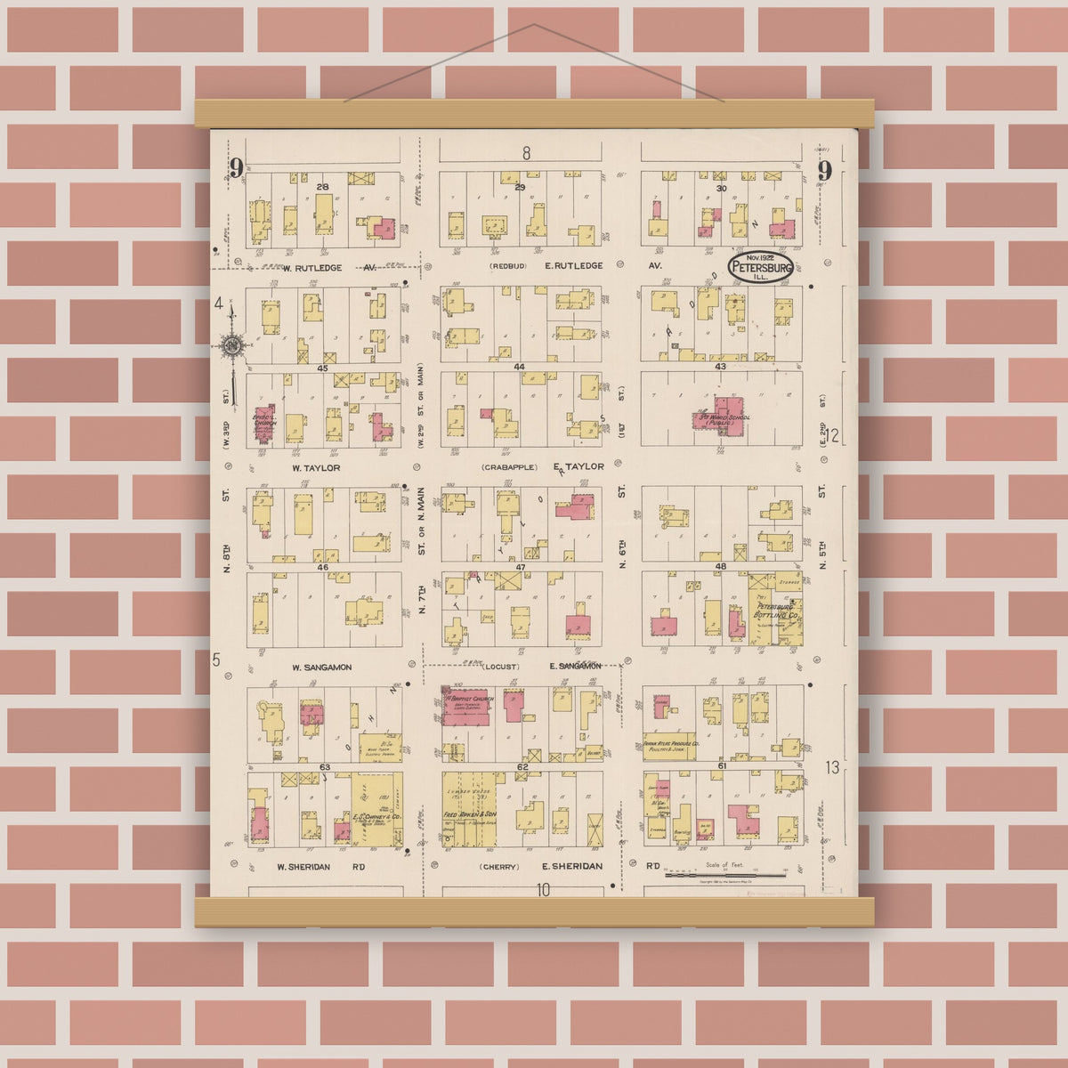 Old map wall art mockup — magnetic wood frame on brick wall — Sanborn Fire Insurance Map from Petersburg, Menard County, Illinois (1922), Sheet #0009