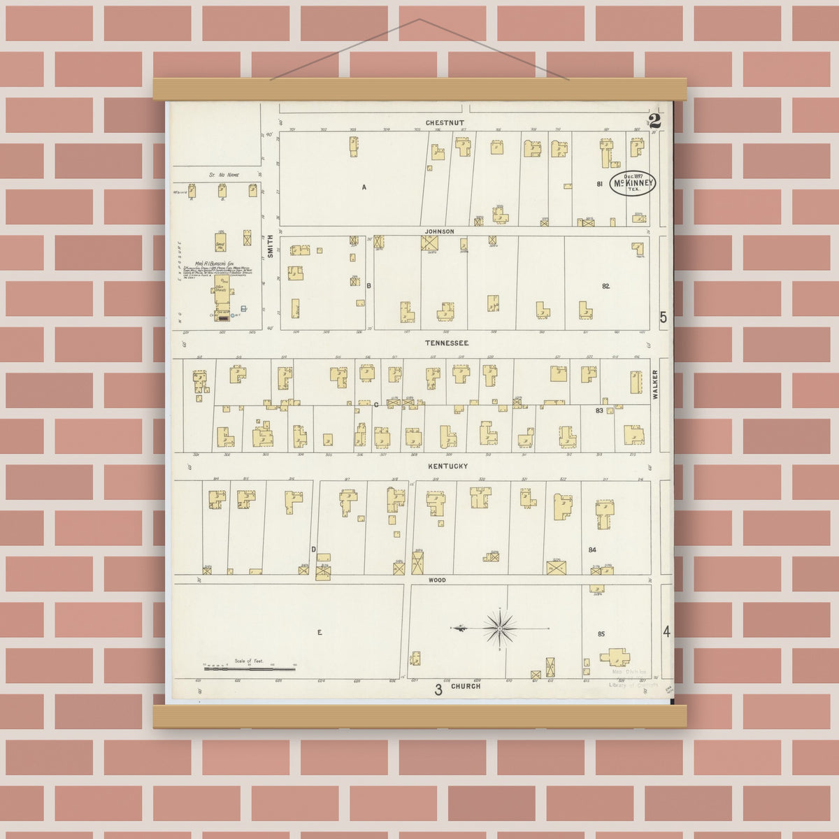Old map wall art mockup — magnetic wood frame on brick wall — Sanborn Fire Insurance Map from McKinney, Collin County, Texas (1897), Sheet #0002