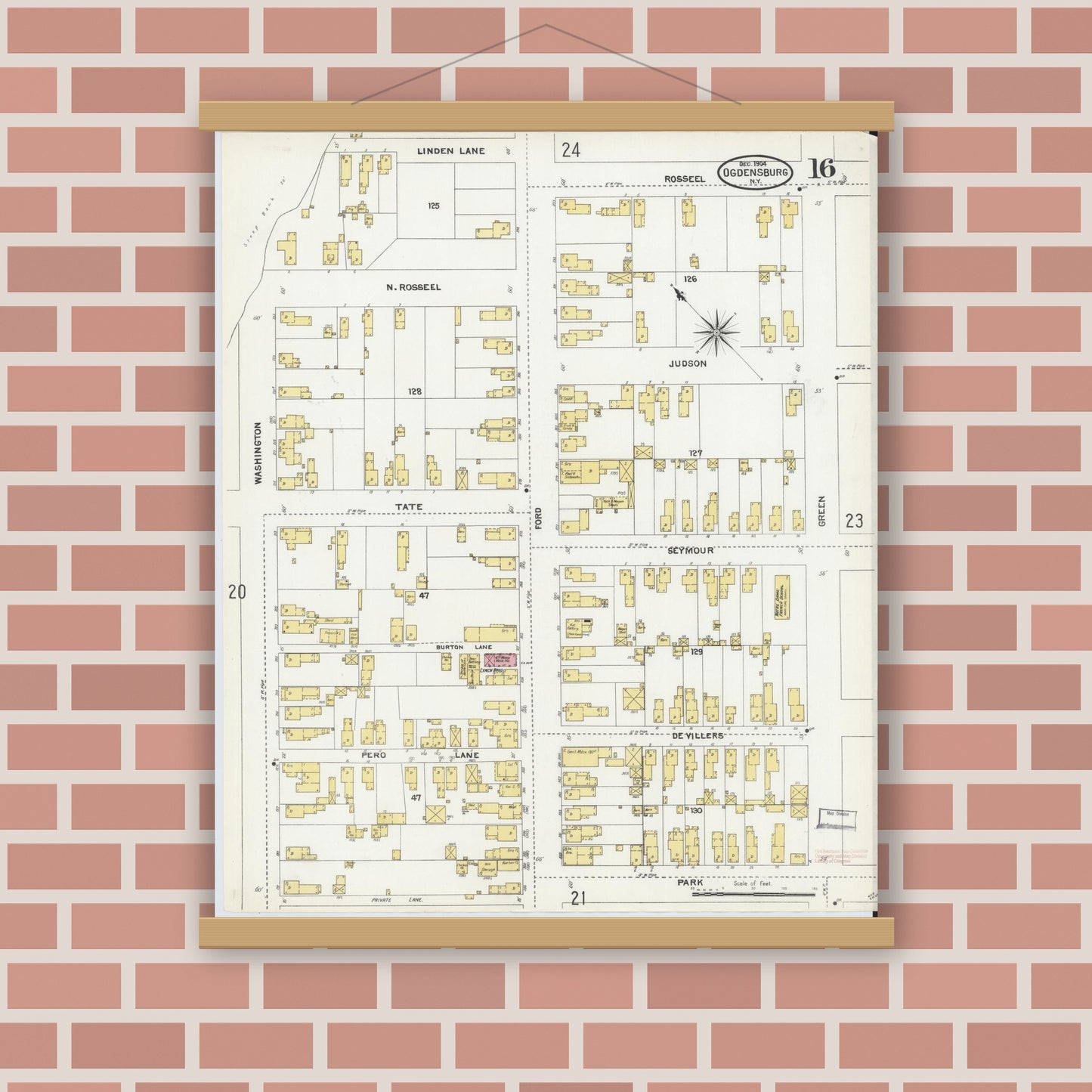 Old map wall art mockup — magnetic wood frame on brick wall — Sanborn Fire Insurance Map from Ogdensburg, St. Lawrence County, New York (1904), Sheet #0016