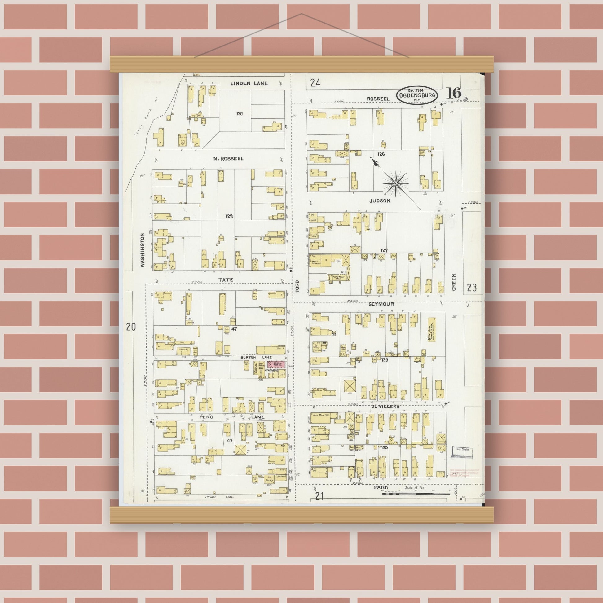 Old map wall art mockup — magnetic wood frame on brick wall — Sanborn Fire Insurance Map from Ogdensburg, St. Lawrence County, New York (1904), Sheet #0016