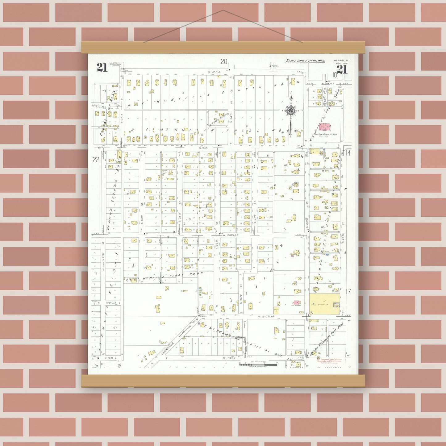 Old map wall art mockup — magnetic wood frame on brick wall — Sanborn Fire Insurance Map from Herrin, Williamson County, Illinois (1941), Sheet #0021