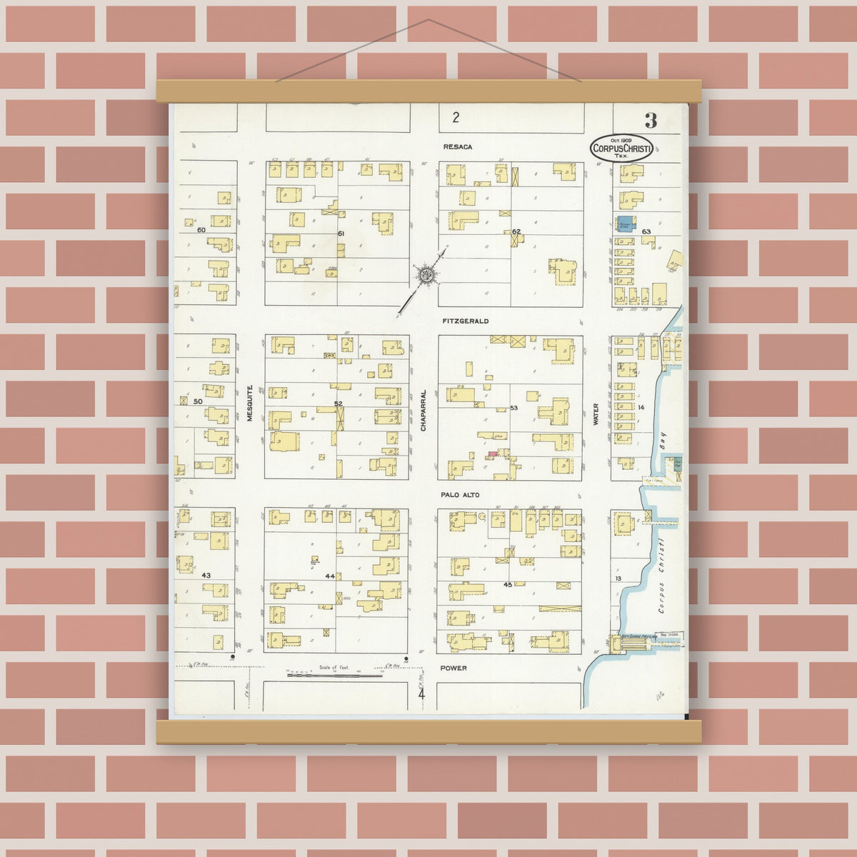 Old map wall art mockup — magnetic wood frame on brick wall — Sanborn Fire Insurance Map from Corpus Christi, Nueces County, Texas (1909), Sheet #0003