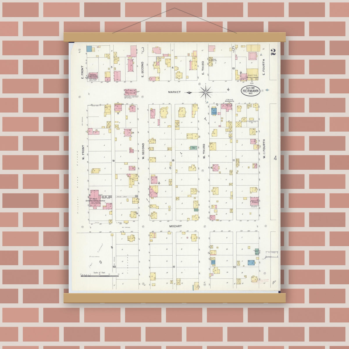 Old map wall art mockup — magnetic wood frame on brick wall — Sanborn Fire Insurance Map from Hermann, Gasconade County, Missouri (1908), Sheet #0002