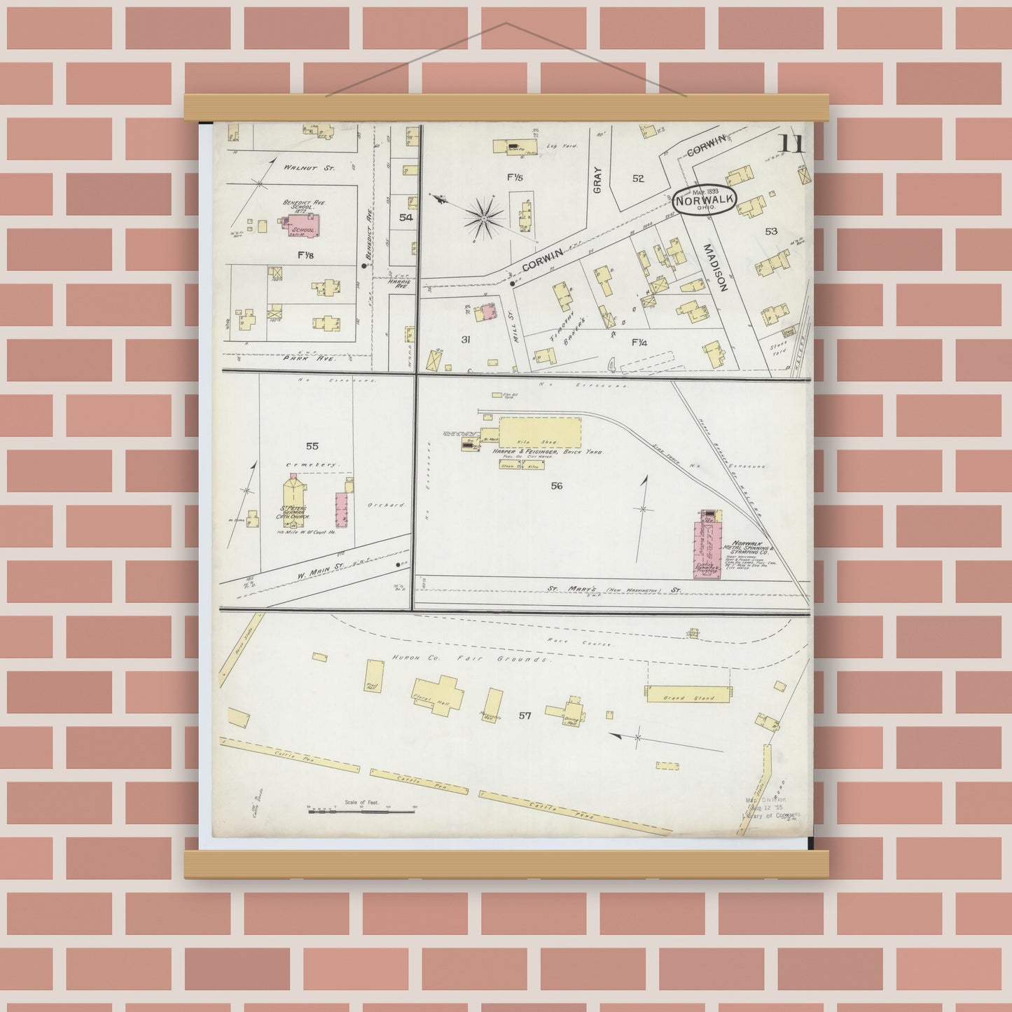 Old map wall art mockup — magnetic wood frame on brick wall — Sanborn Fire Insurance Map from Norwalk, Huron County, Ohio (1893), Sheet #0011