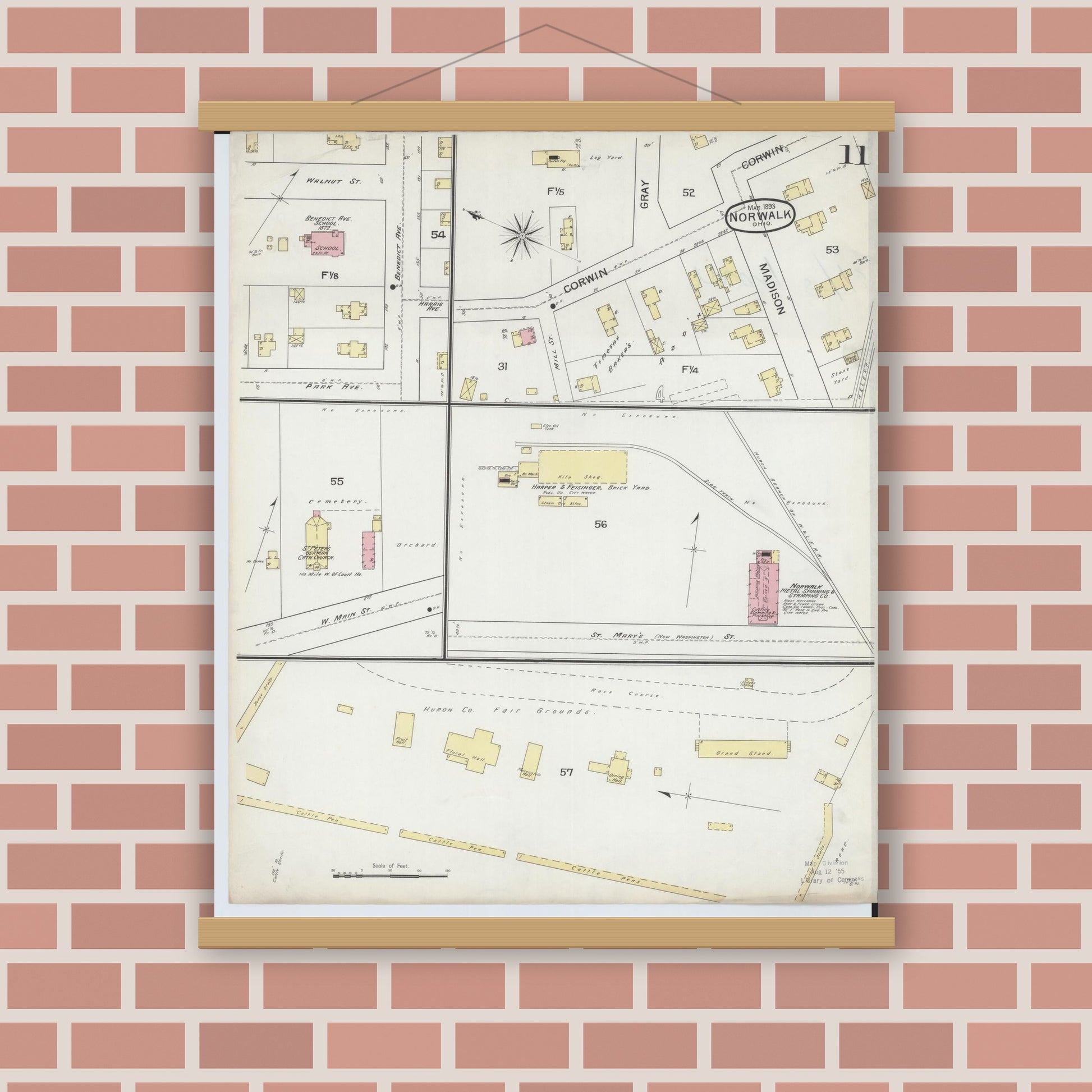 Old map wall art mockup — magnetic wood frame on brick wall — Sanborn Fire Insurance Map from Norwalk, Huron County, Ohio (1893), Sheet #0011