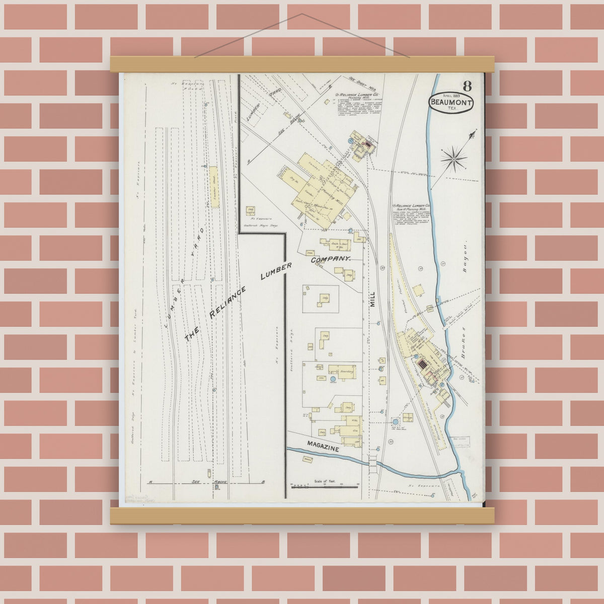Old map wall art mockup — magnetic wood frame on brick wall — Sanborn Fire Insurance Map from Beaumont, Jefferson County, Texas (1889), Sheet #0008