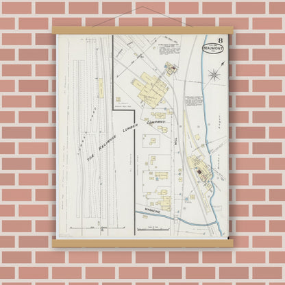 Old map wall art mockup — magnetic wood frame on brick wall — Sanborn Fire Insurance Map from Beaumont, Jefferson County, Texas (1889), Sheet #0008