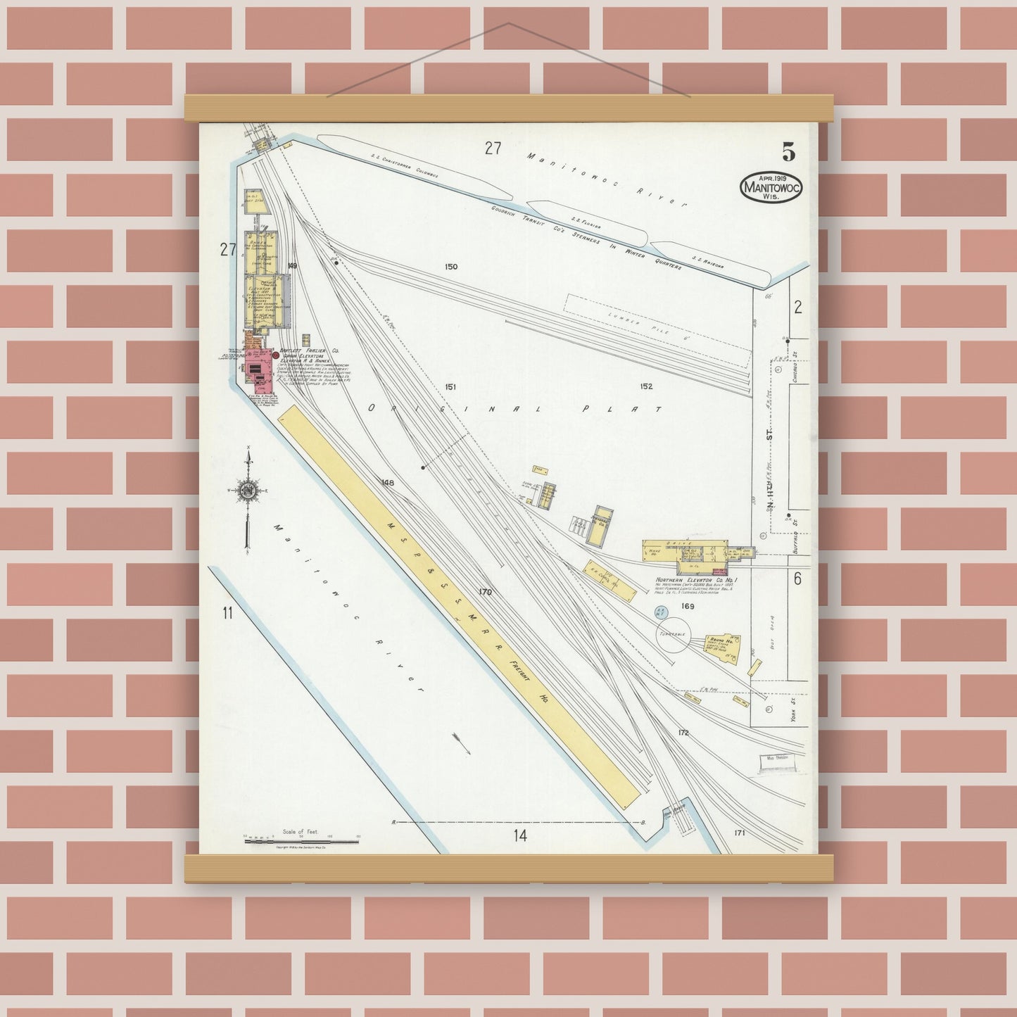 Old map wall art mockup — magnetic wood frame on brick wall — Sanborn Fire Insurance Map from Manitowoc, Manitowoc County, Wisconsin (1919), Sheet #0005