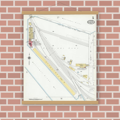 Old map wall art mockup — magnetic wood frame on brick wall — Sanborn Fire Insurance Map from Manitowoc, Manitowoc County, Wisconsin (1919), Sheet #0005