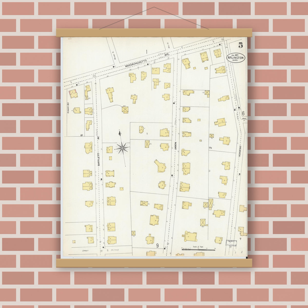 Old map wall art mockup — magnetic wood frame on brick wall — Sanborn Fire Insurance Map from Arlington, Middlesex County, Massachusetts (1903), Sheet #0005