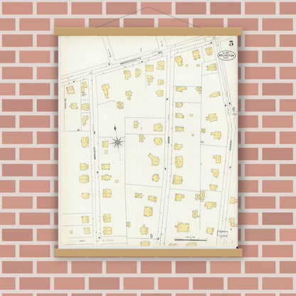 Old map wall art mockup — magnetic wood frame on brick wall — Sanborn Fire Insurance Map from Arlington, Middlesex County, Massachusetts (1903), Sheet #0005