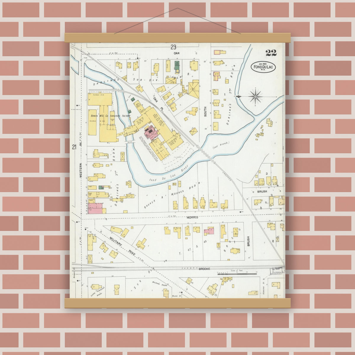 Old map wall art mockup — magnetic wood frame on brick wall — Sanborn Fire Insurance Map from Fond du Lac, Fond du Lac County, Wisconsin (1902), Sheet #0022