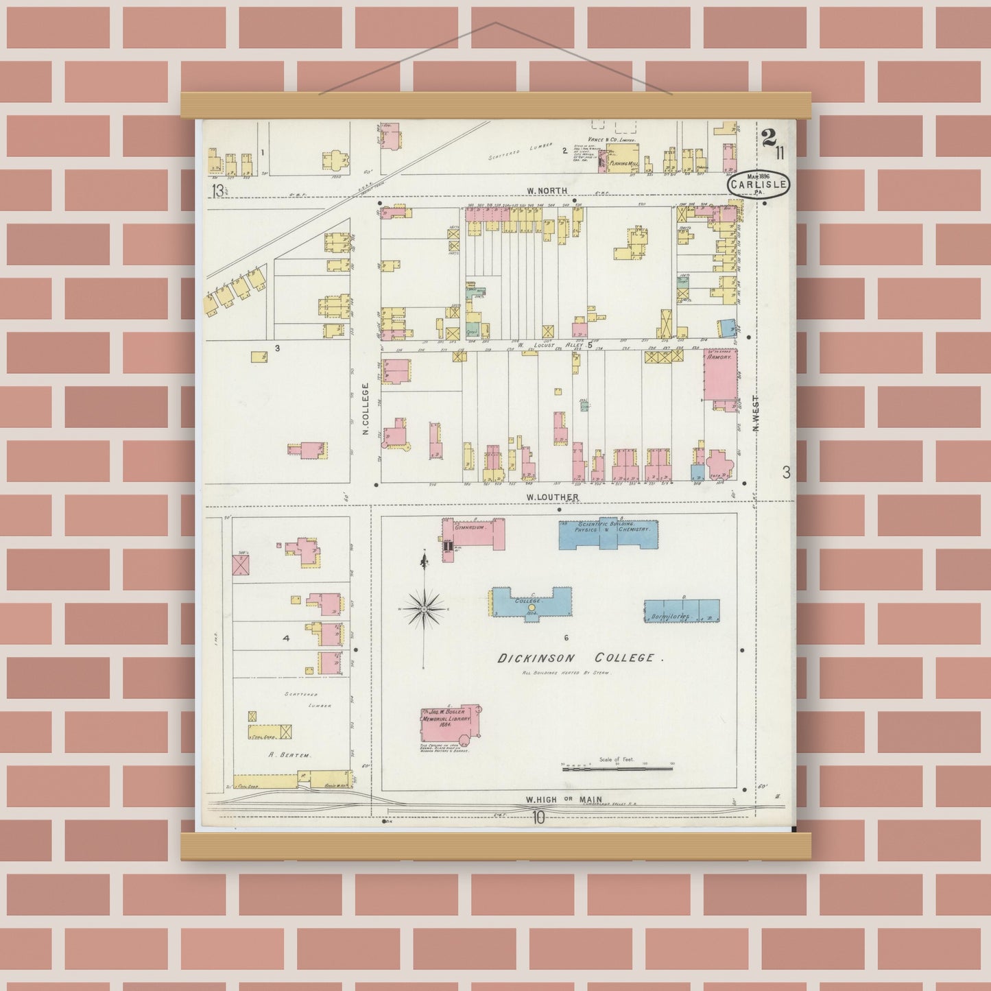 Old map wall art mockup — magnetic wood frame on brick wall — Sanborn Fire Insurance Map from Carlisle, Cumberland County, Pennsylvania (1896), Sheet #0002