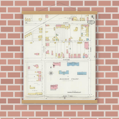 Old map wall art mockup — magnetic wood frame on brick wall — Sanborn Fire Insurance Map from Carlisle, Cumberland County, Pennsylvania (1896), Sheet #0002