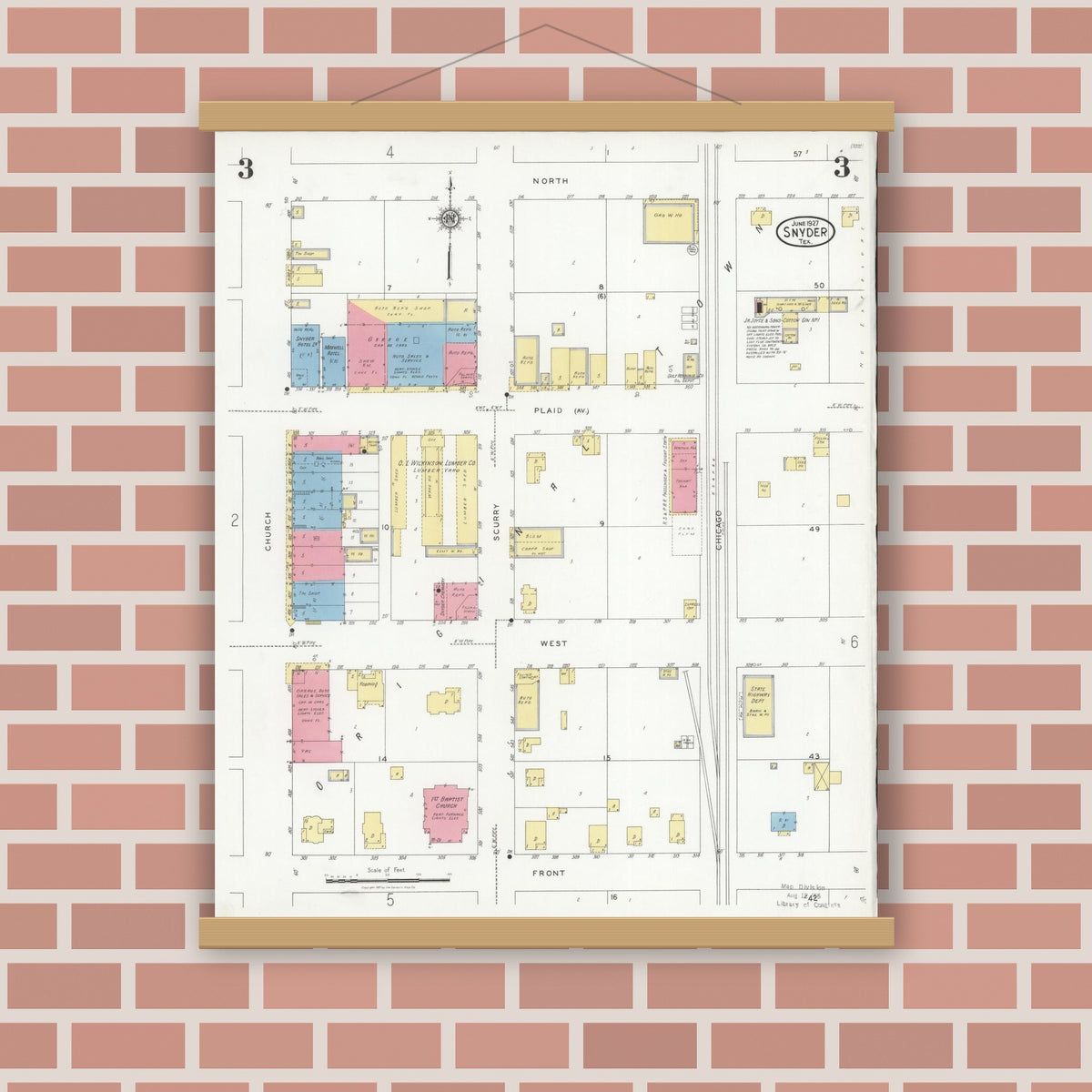 Old map wall art mockup — magnetic wood frame on brick wall — Sanborn Fire Insurance Map from Snyder, Scurry County, Texas (1927), Sheet #0003