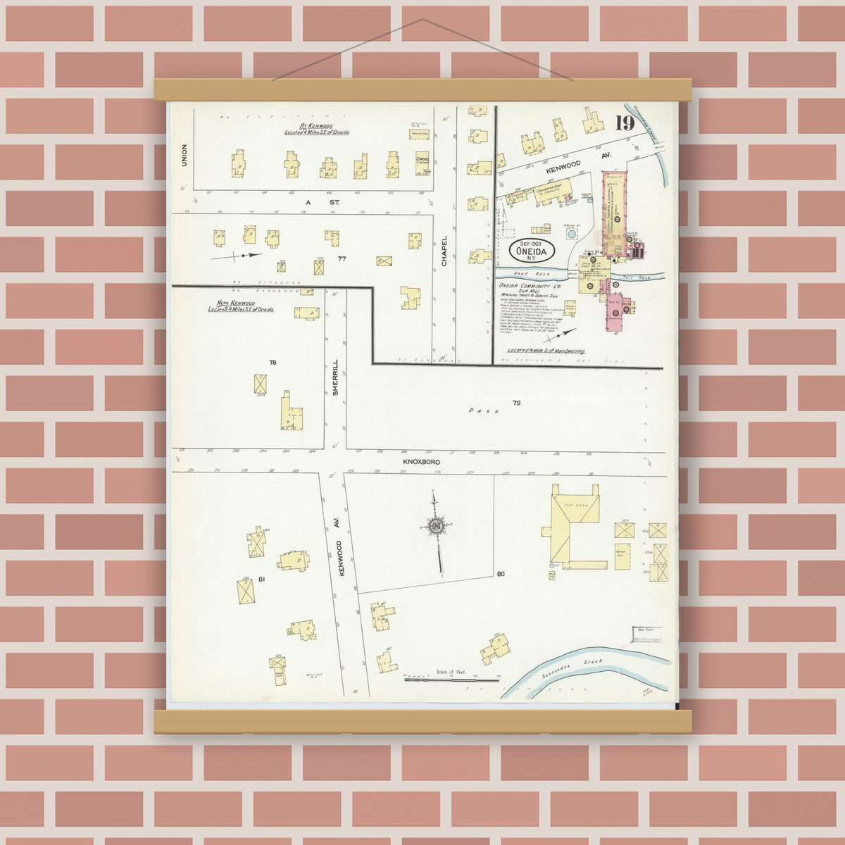 Old map wall art mockup — magnetic wood frame on brick wall — Sanborn Fire Insurance Map from Oneida, Madison County, New York (1909), Sheet #0019
