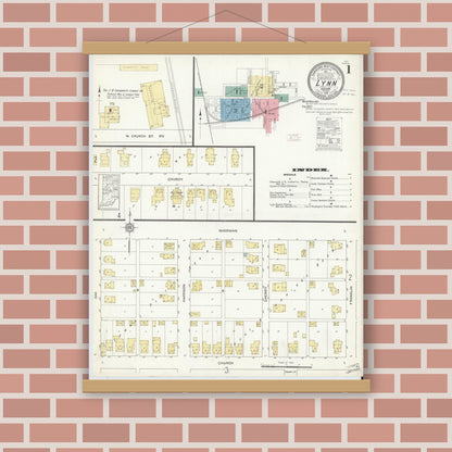 Old map wall art mockup — magnetic wood frame on brick wall — Sanborn Fire Insurance Map from Lynn, Randolph County, Indiana (1912), Sheet #0001