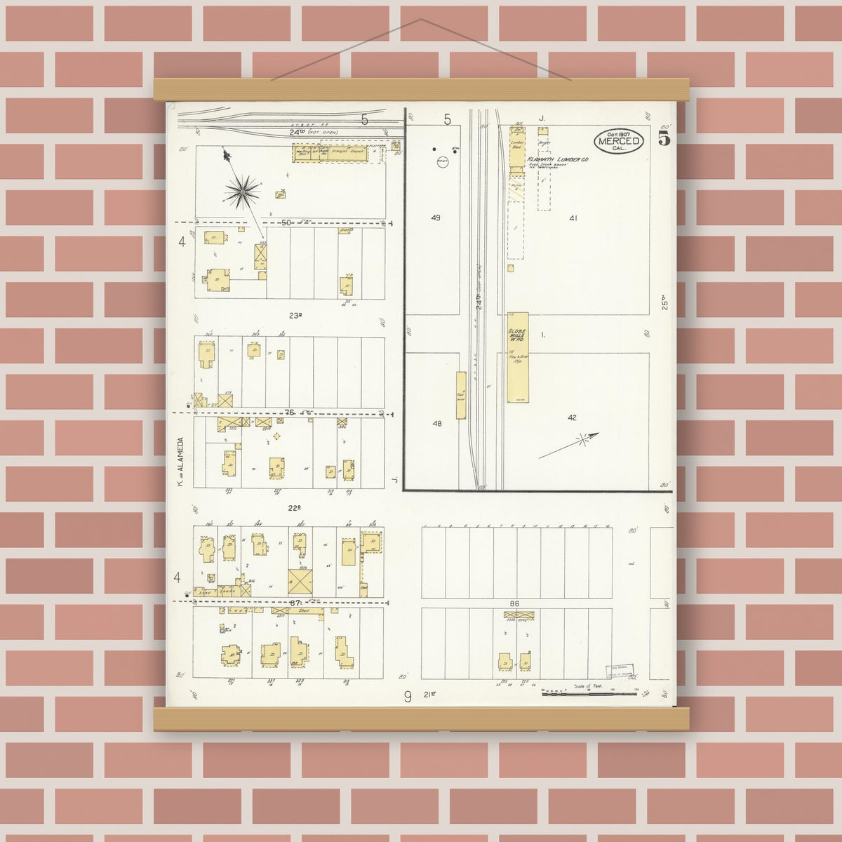 Old map wall art mockup — magnetic wood frame on brick wall — Sanborn Fire Insurance Map from Merced, Merced County, California (1907), Sheet #0005