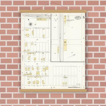 Old map wall art mockup — magnetic wood frame on brick wall — Sanborn Fire Insurance Map from Merced, Merced County, California (1907), Sheet #0005