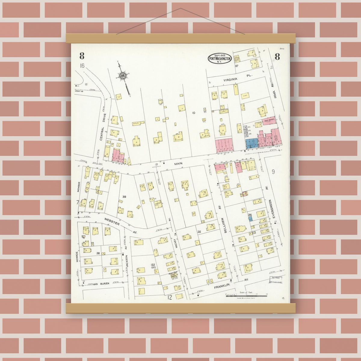 Old map wall art mockup — magnetic wood frame on brick wall — Sanborn Fire Insurance Map from Port Washington, Nassau County, New York (1925), Sheet #0008