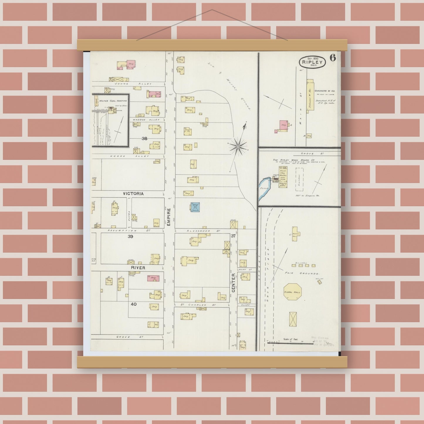 Old map wall art mockup — magnetic wood frame on brick wall — Sanborn Fire Insurance Map from Ripley, Brown County, Ohio (1890), Sheet #0006