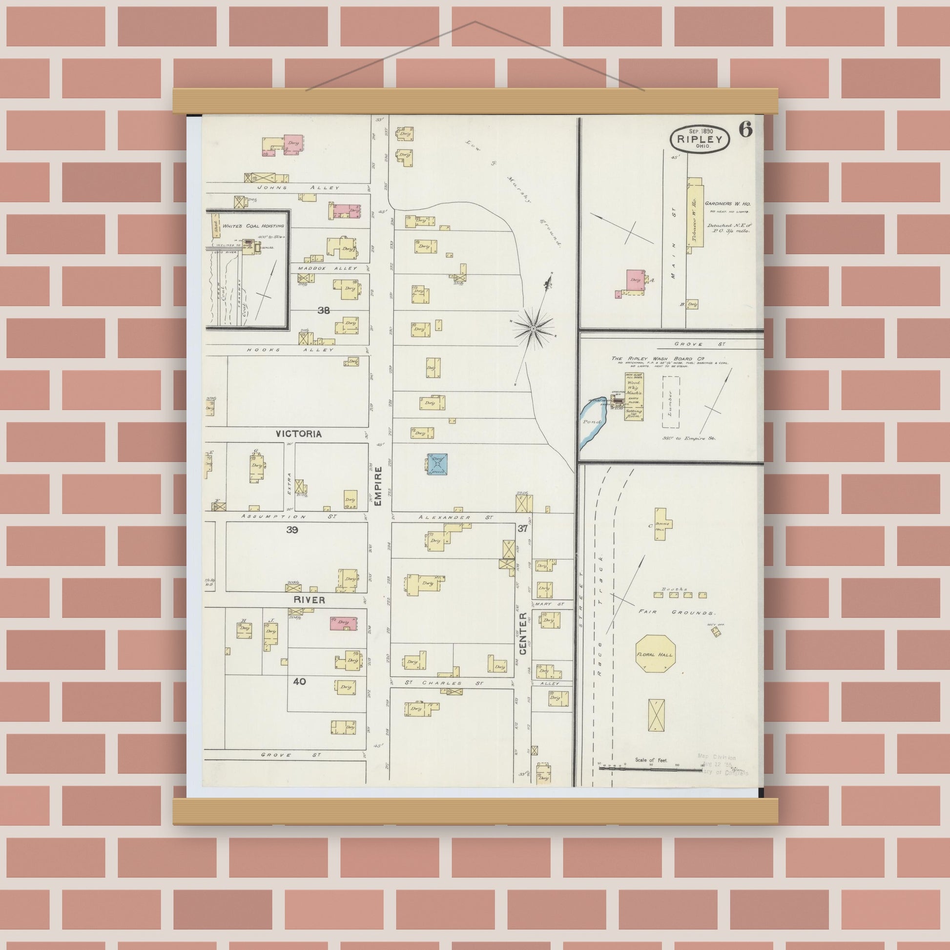Old map wall art mockup — magnetic wood frame on brick wall — Sanborn Fire Insurance Map from Ripley, Brown County, Ohio (1890), Sheet #0006