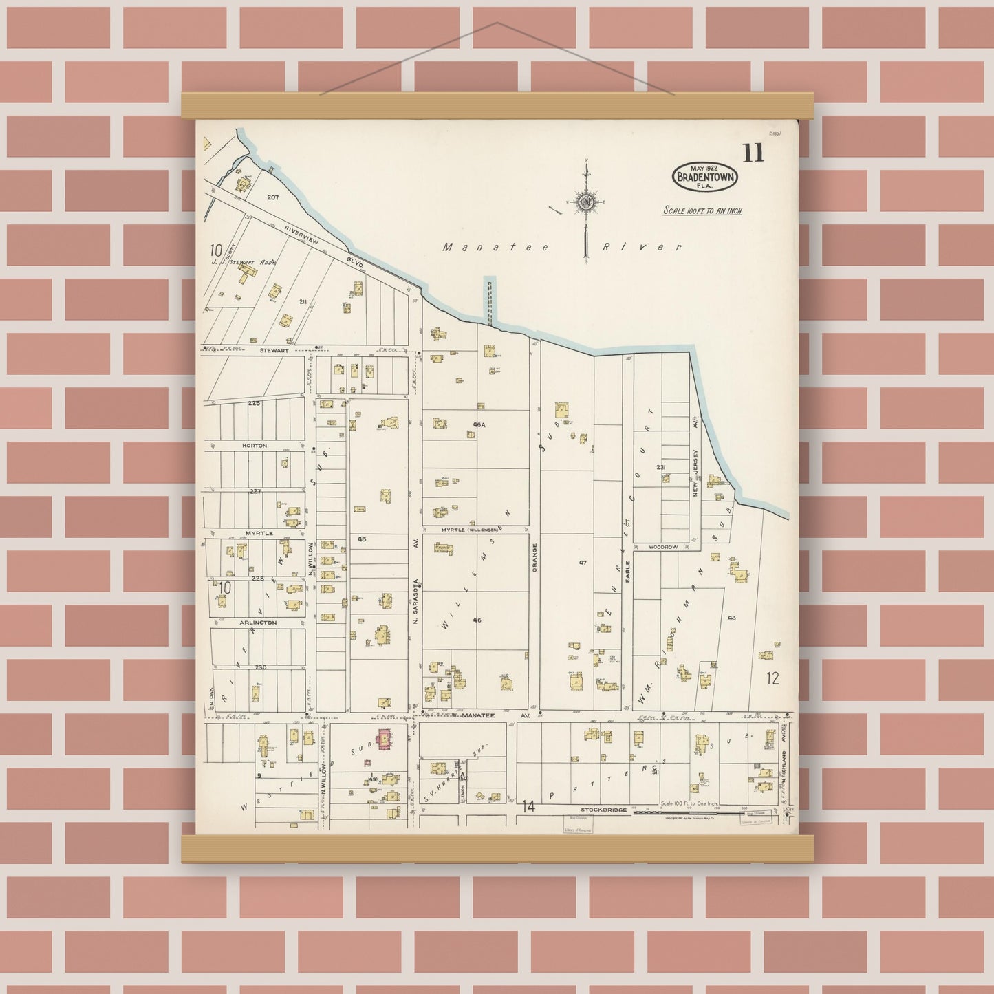 Old map wall art mockup — magnetic wood frame on brick wall — Sanborn Fire Insurance Map from Bradentown, Manatee County, Florida (1922), Sheet #0011