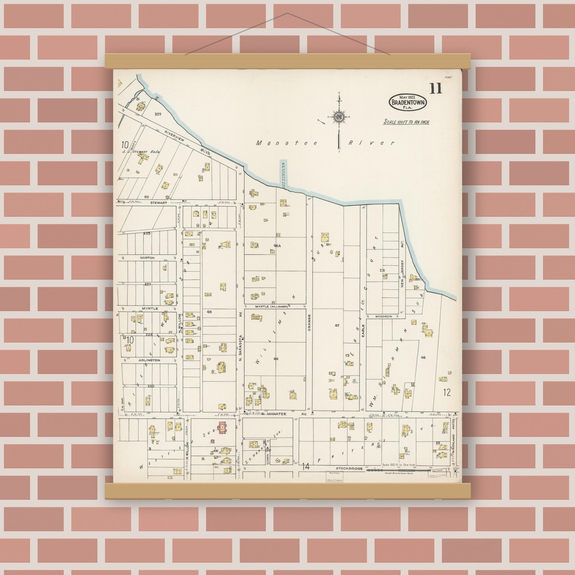 Old map wall art mockup — magnetic wood frame on brick wall — Sanborn Fire Insurance Map from Bradentown, Manatee County, Florida (1922), Sheet #0011