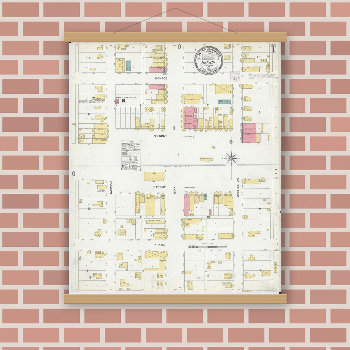 Old map wall art mockup — magnetic wood frame on brick wall — Sanborn Fire Insurance Map from Herrin, Williamson County, Illinois (1902), Sheet #0001