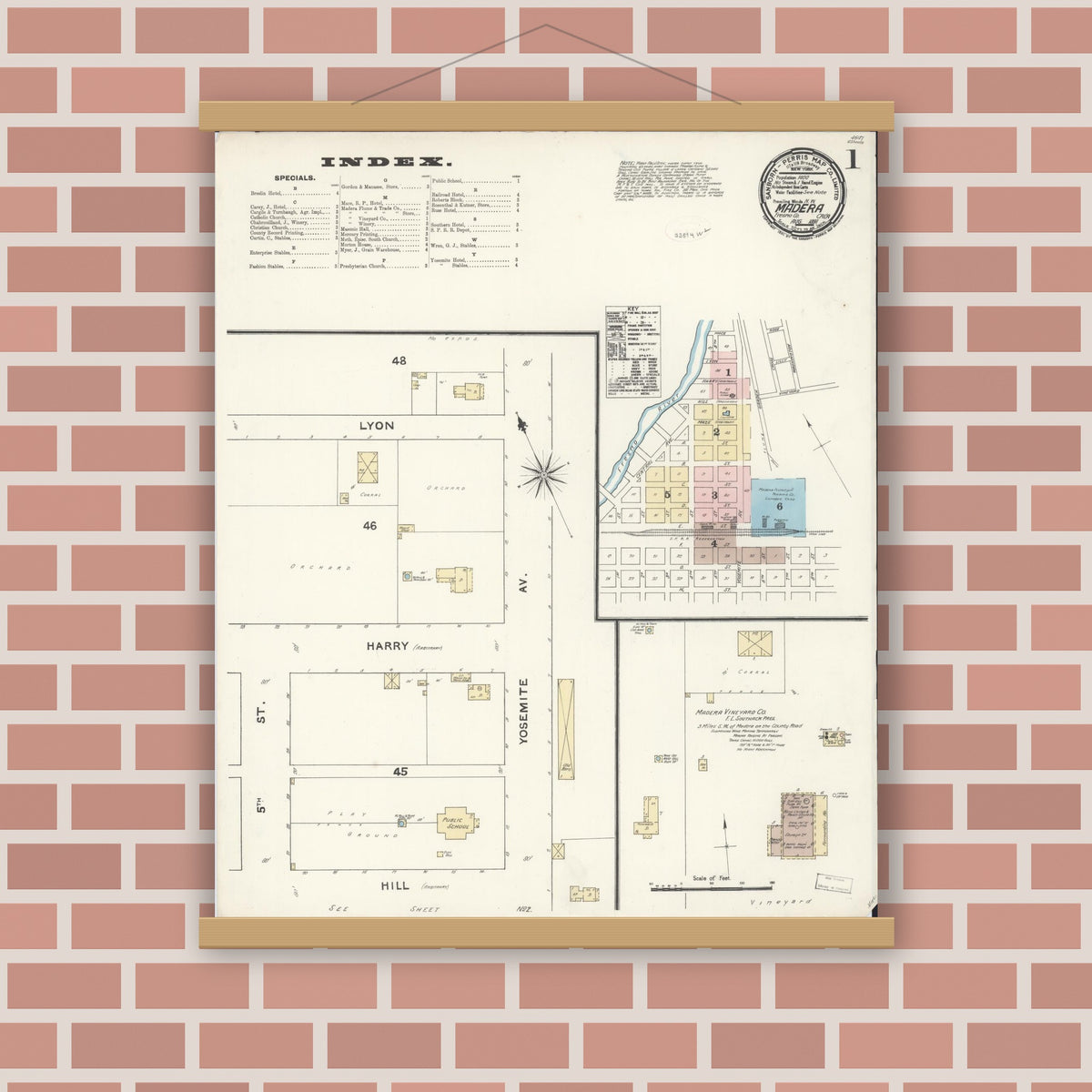 Old map wall art mockup — magnetic wood frame on brick wall — Sanborn Fire Insurance Map from Madera, Madera County, California (1891) - Complete Map Set