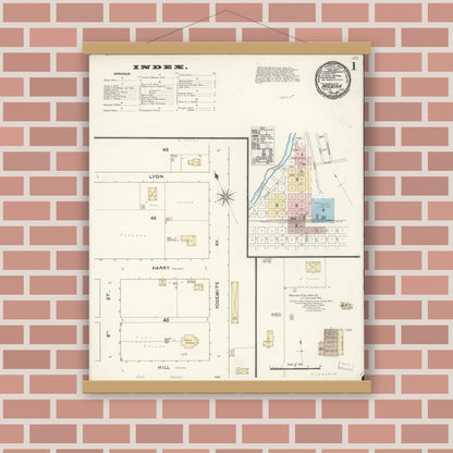 Old map wall art mockup — magnetic wood frame on brick wall — Sanborn Fire Insurance Map from Madera, Madera County, California (1891) - Complete Map Set