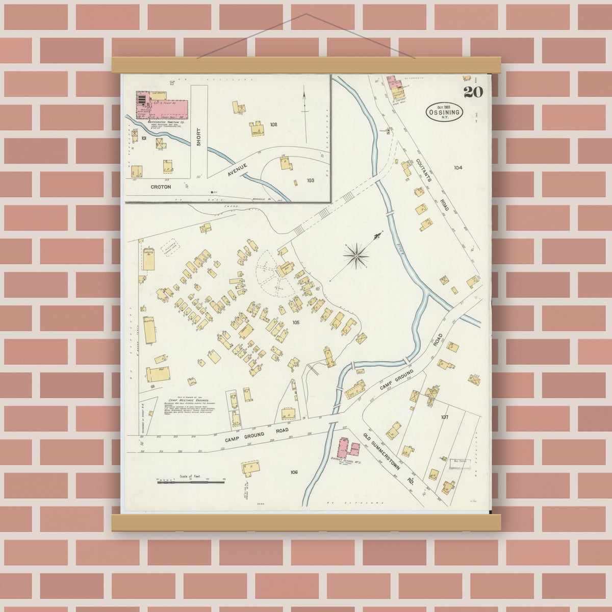 Old map wall art mockup — magnetic wood frame on brick wall — Sanborn Fire Insurance Map from Ossining, Westchester County, New York (1903), Sheet #0020