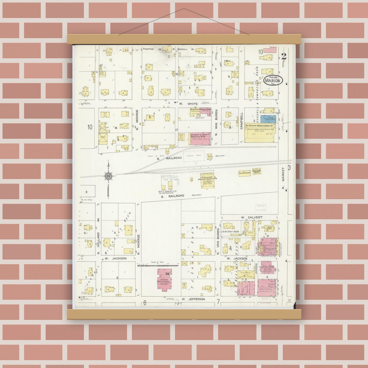 Old map wall art mockup — magnetic wood frame on brick wall — Sanborn Fire Insurance Map from Marion, Williamson County, Illinois (1913), Sheet #0002
