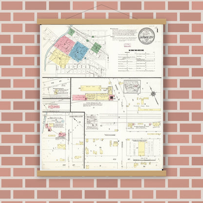 Old map wall art mockup — magnetic wood frame on brick wall — Sanborn Fire Insurance Map from La Porte City, Black Hawk County, Iowa (1913), Sheet #0001