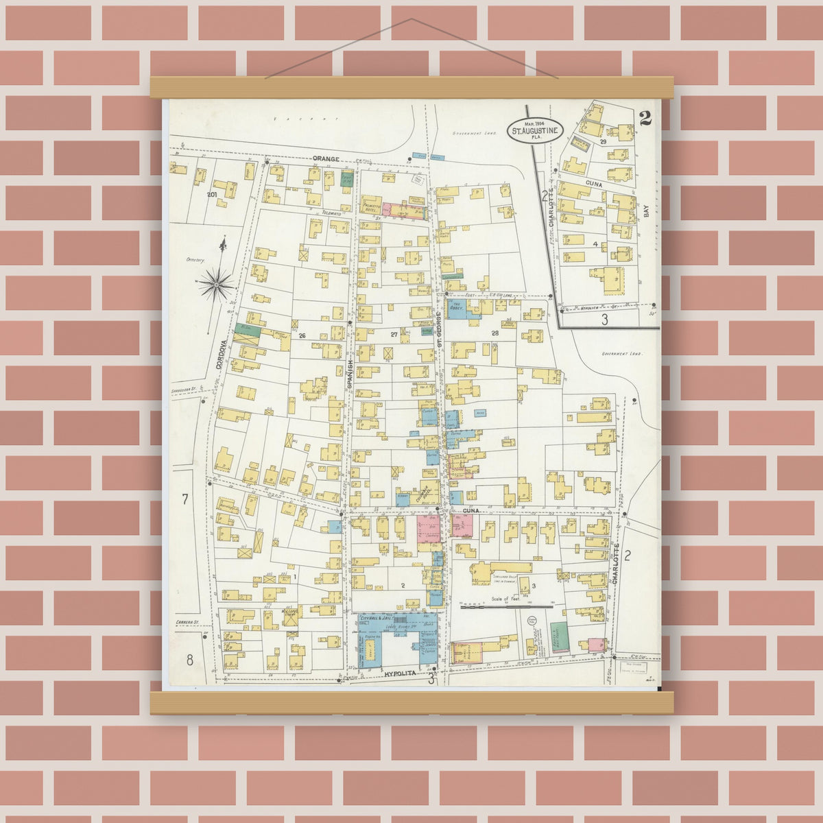 Old map wall art mockup — magnetic wood frame on brick wall — Sanborn Fire Insurance Map from Saint Augustine, Saint John's County, Florida (1904), Sheet #0002