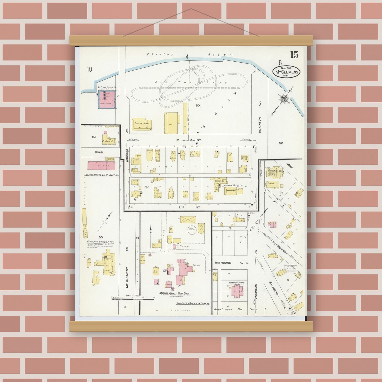 Old map wall art mockup — magnetic wood frame on brick wall — Sanborn Fire Insurance Map from Mount Clemens, Macomb County, Michigan (1909), Sheet #0015
