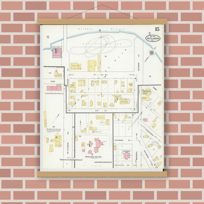 Old map wall art mockup — magnetic wood frame on brick wall — Sanborn Fire Insurance Map from Mount Clemens, Macomb County, Michigan (1909), Sheet #0015
