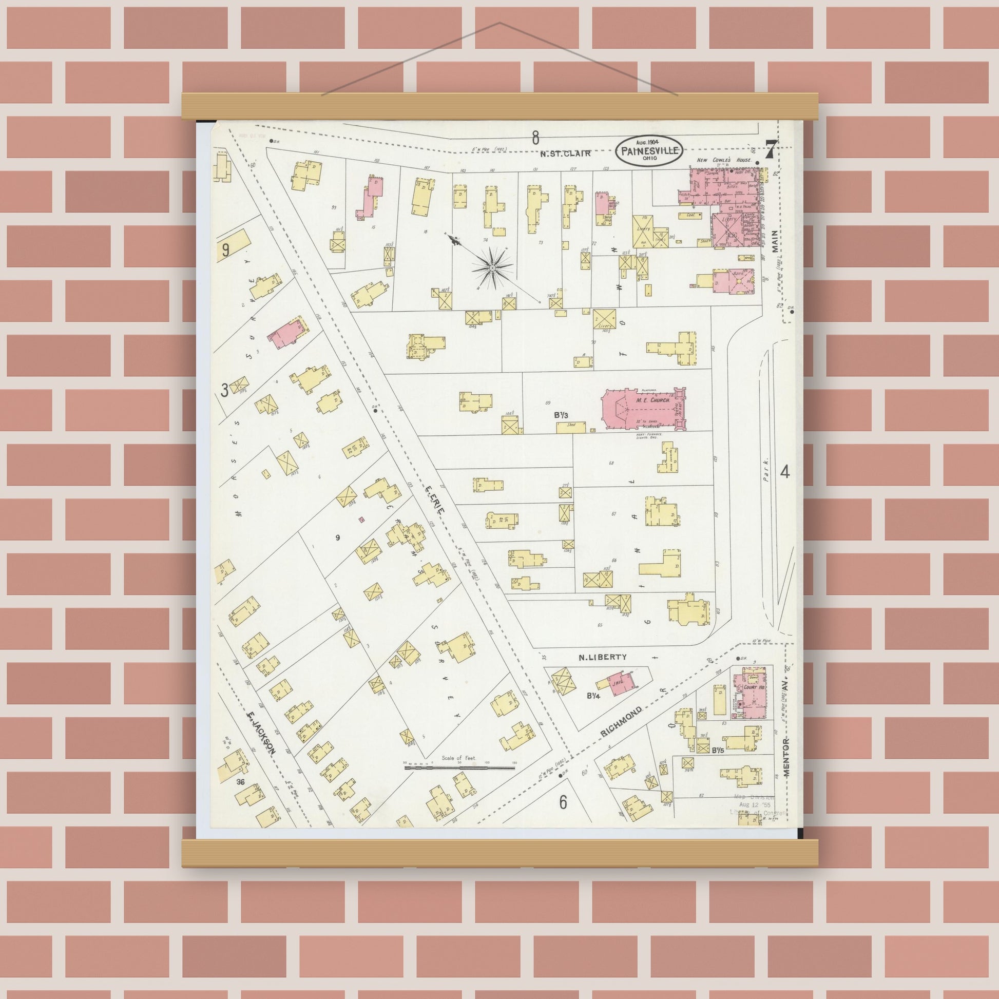 Old map wall art mockup — magnetic wood frame on brick wall — Sanborn Fire Insurance Map from Painesville, Lake County, Ohio (1904), Sheet #0007