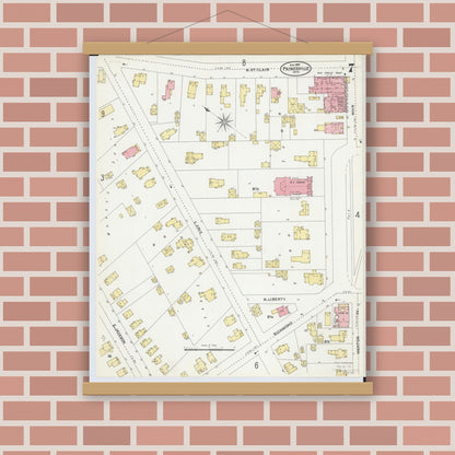 Old map wall art mockup — magnetic wood frame on brick wall — Sanborn Fire Insurance Map from Painesville, Lake County, Ohio (1904), Sheet #0007