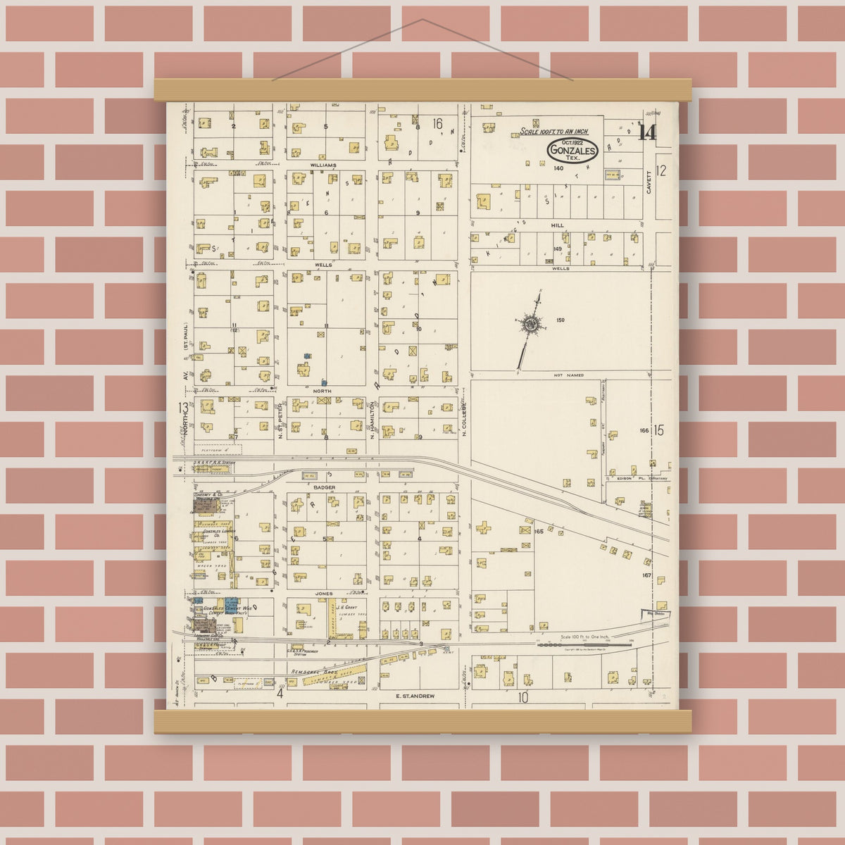 Old map wall art mockup — magnetic wood frame on brick wall — Sanborn Fire Insurance Map from Gonzales, Gonzales County, Texas (1922), Sheet #0014
