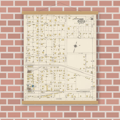 Old map wall art mockup — magnetic wood frame on brick wall — Sanborn Fire Insurance Map from Gonzales, Gonzales County, Texas (1922), Sheet #0014