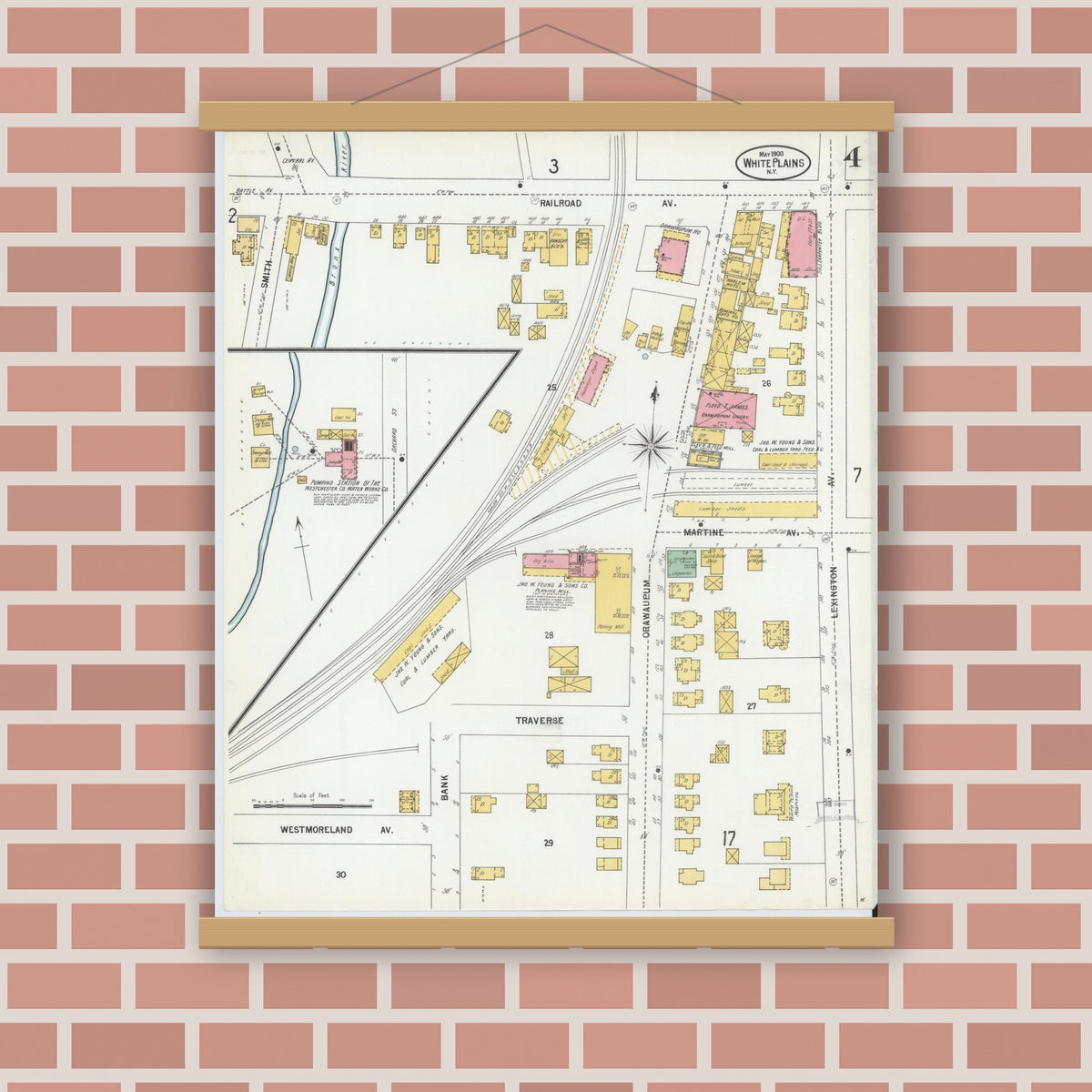 Old map wall art mockup — magnetic wood frame on brick wall — Sanborn Fire Insurance Map from White Plains, Westchester County, New York (1900), Sheet #0004