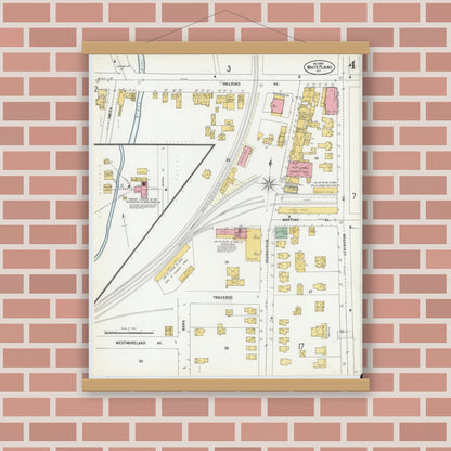 Old map wall art mockup — magnetic wood frame on brick wall — Sanborn Fire Insurance Map from White Plains, Westchester County, New York (1900), Sheet #0004